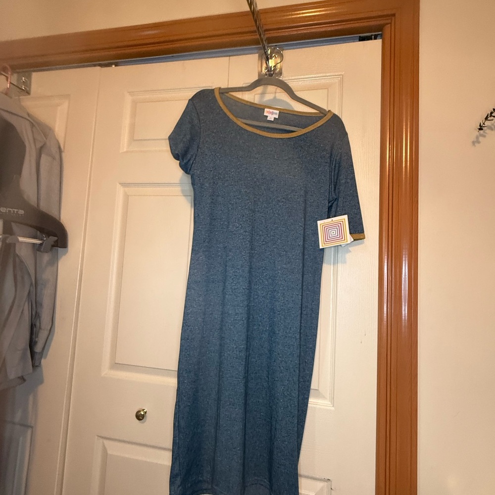 LuLaRoe Blue and Gold Julia Midi Dress - M - NWT